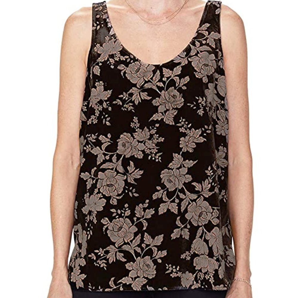 NYDJ Women Rose Villa Velvet Floral Nude Print Scoop Neck Sleeveless Tank Top